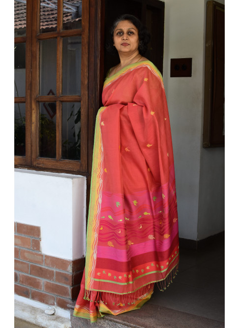 Red, Handwoven Organic Cotton, Textured Weave , Jacquard, Work Wear, Butta Saree